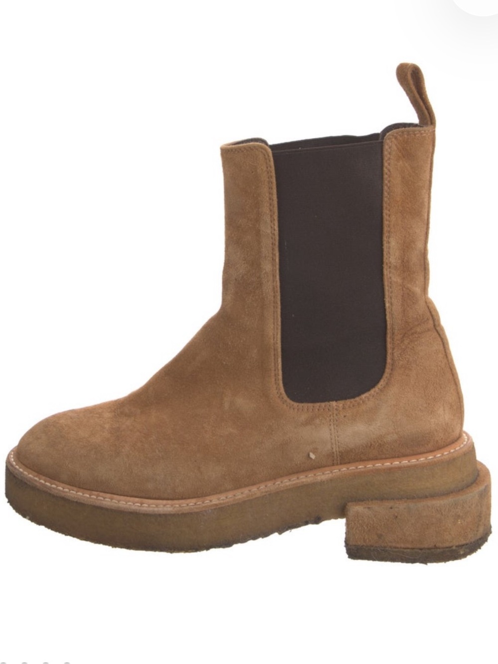 Frame Denim Suede Chelsea Booties in Tan with Dark Elastic